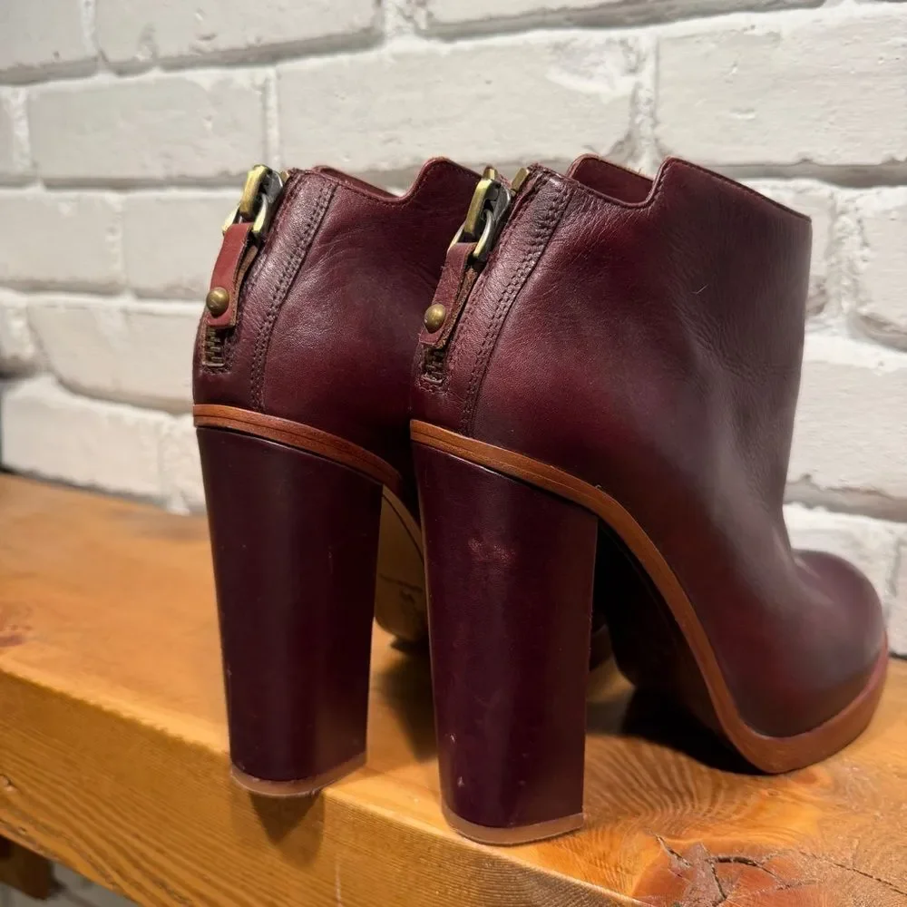 Dolce Vita Burgundy Leather Ankle Boots Chunky 70s Platform Block Heel Size 9.5